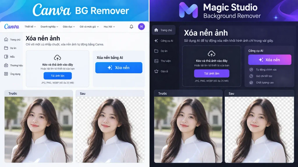 Giao diện Canva BG Remover và Magic Studio Background Remover so sánh song song