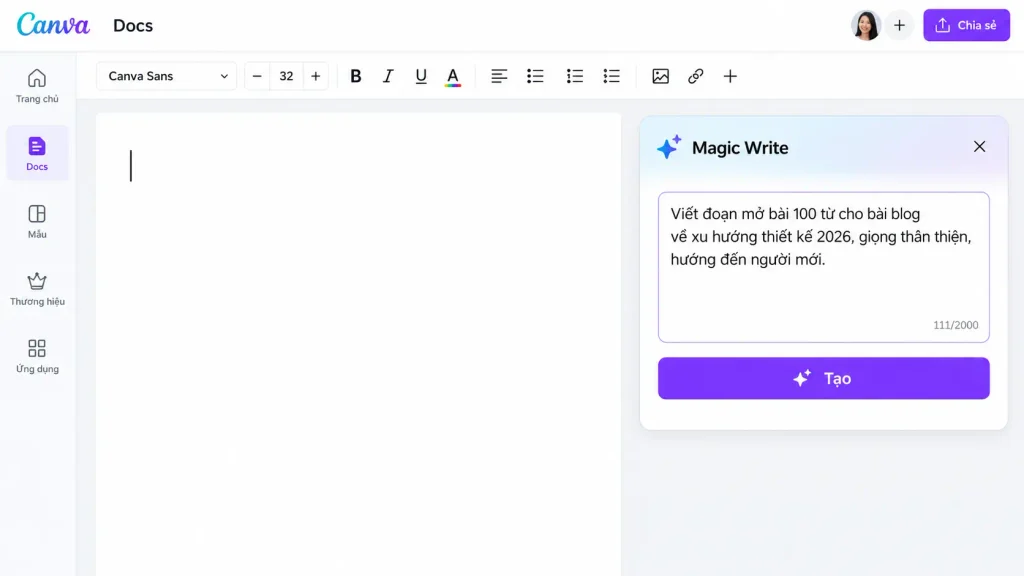Giao diện Magic Write trong Canva Docs với prompt tiếng Việt