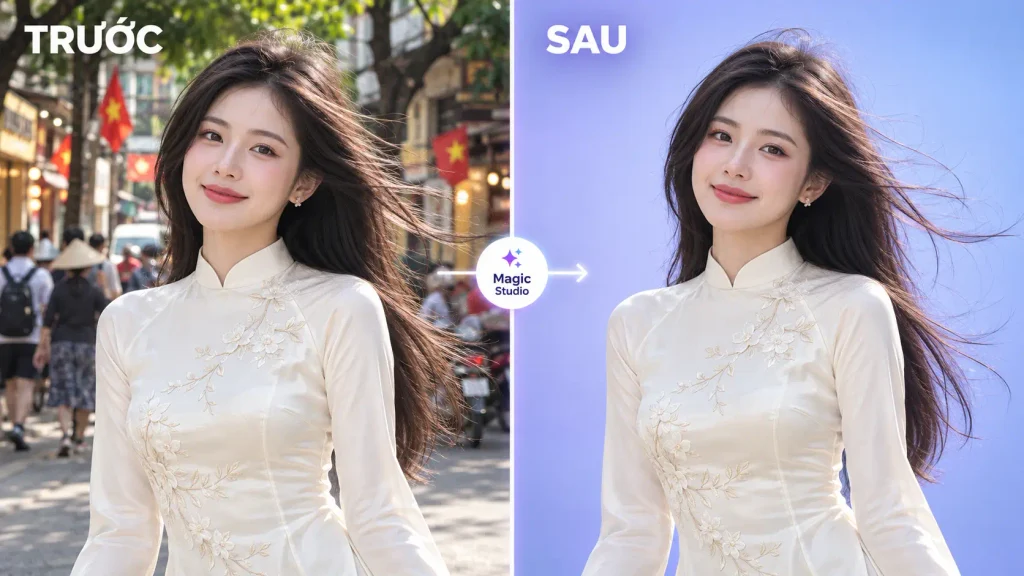 So sánh trước và sau khi xóa nền ảnh chân dung tóc bay bằng Magic Studio AI