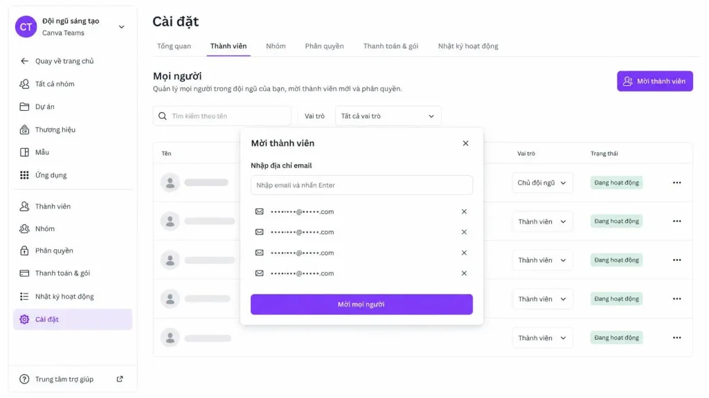 Giao diện mời thành viên trong Canva Teams