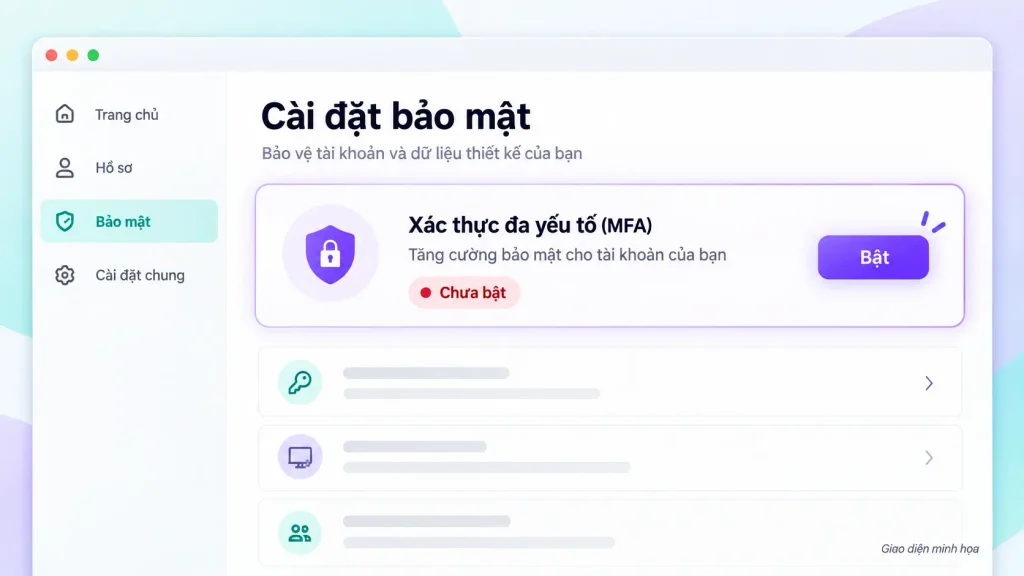 Ảnh chụp màn hình trang Cài đặt > Đăng nhập của Canva, hiển thị mục “Xác thực đa yếu tố” với nút “Bật”