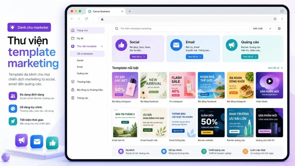 Thư viện template marketing đa kênh trong Canva Business cho marketer