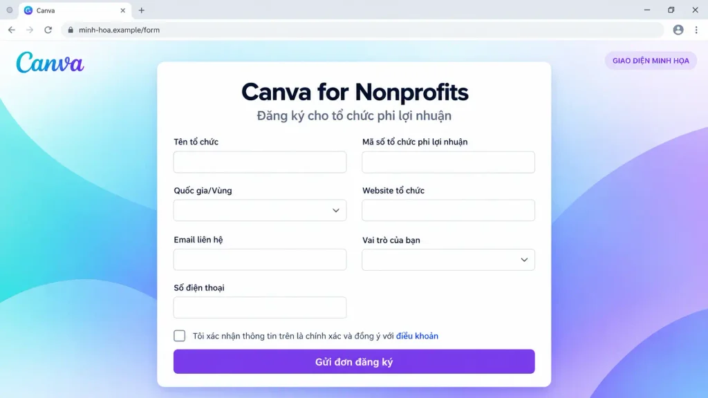 Ảnh chụp màn hình biểu mẫu đăng ký Canva for Nonprofits