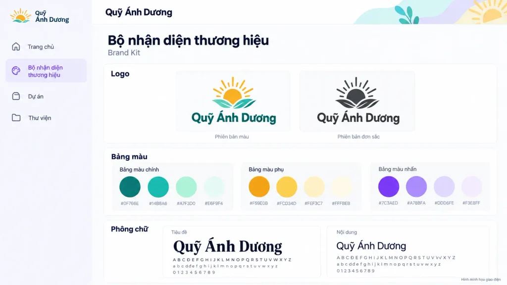 Giao diện Canva Pro hiển thị tính năng Brand Kit nâng cao với nhiều bảng màu tùy chỉnh, logo và font chữ riêng – dành cho tổ chức phi lợi nhuận đã được chấp thuận Canva for Nonprofits
