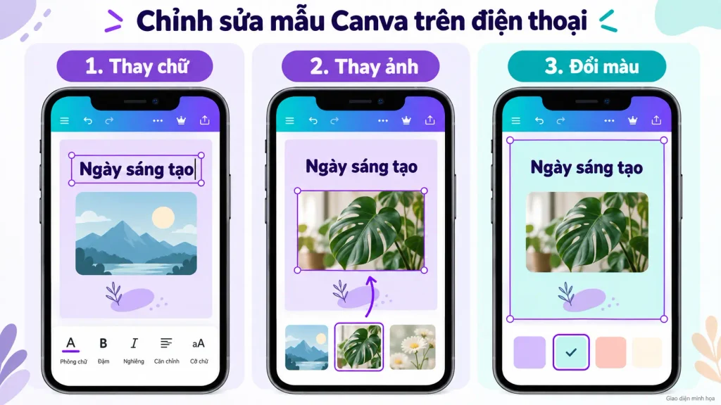 Thao tác chỉnh sửa template Canva: thay chữ, thay ảnh và đổi màu cho người mới
