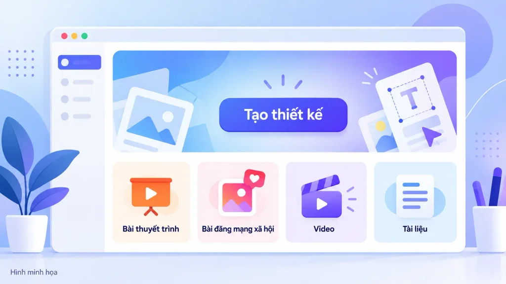 Giao diện trang chủ Canva với các mục thiết kế phổ biến cho người mới