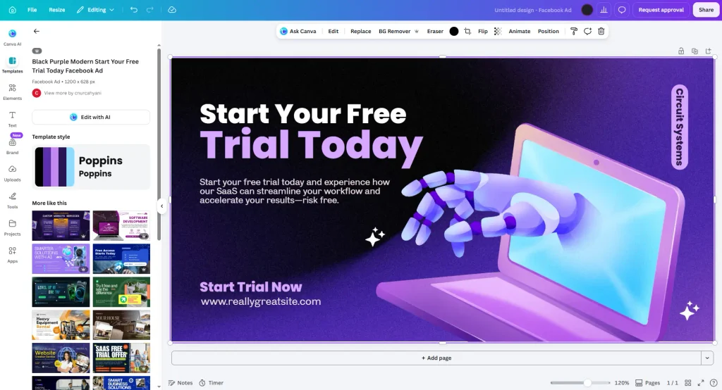 Giao diện Canva với template thiết kế bài đăng Facebook cho người mới