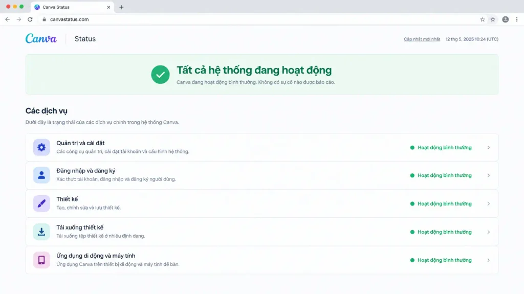 Giao diện trang tổng quan canvastatus.com hiển thị trạng thái hoạt động hiện tại