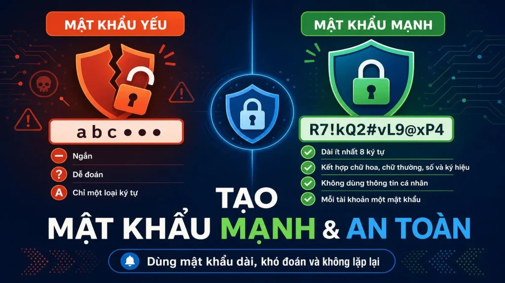 Minh họa các tiêu chí để tạo một mật khẩu mạnh và an toàn