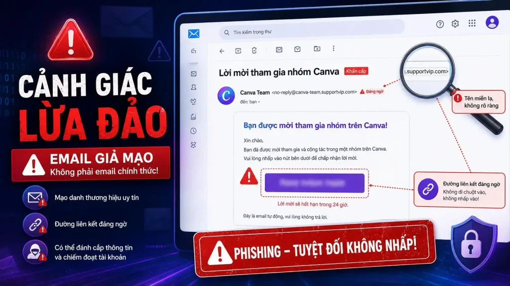 Một email lừa đảo giả danh Canva mời tham gia nhóm với đường link mờ ám