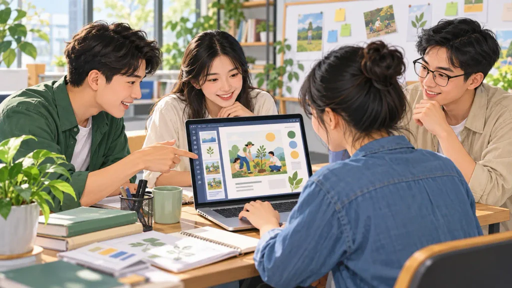Nhóm tình nguyện viên Việt Nam đang cùng nhau thiết kế ấn phẩm truyền thông cho tổ chức phi lợi nhuận trên laptop sử dụng Canva Pro miễn phí