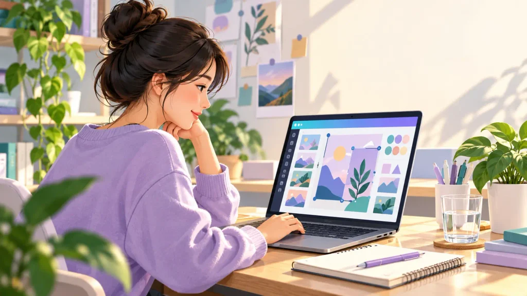 Ảnh minh họa sinh viên đang thiết kế trên Canva với laptop, kèm logo Canva Campus
