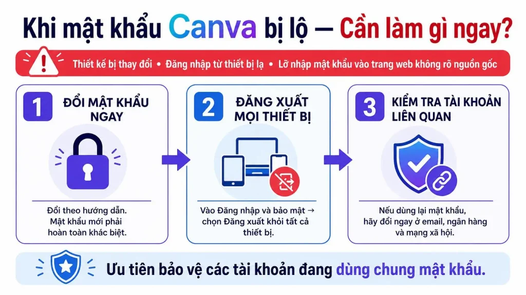 Sơ đồ các bước: Đổi mật khẩu, đăng xuất mọi thiết bị, và kiểm tra tài khoản liên quan