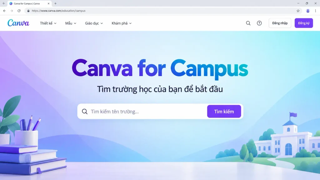 Ảnh chụp màn hình trang Canva for Campus với ô tìm kiếm tên trường