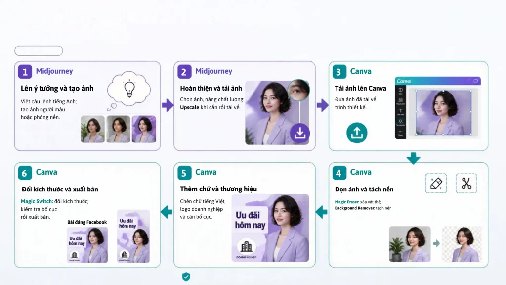 Sơ đồ quy trình tạo ảnh AI Midjourney và Canva