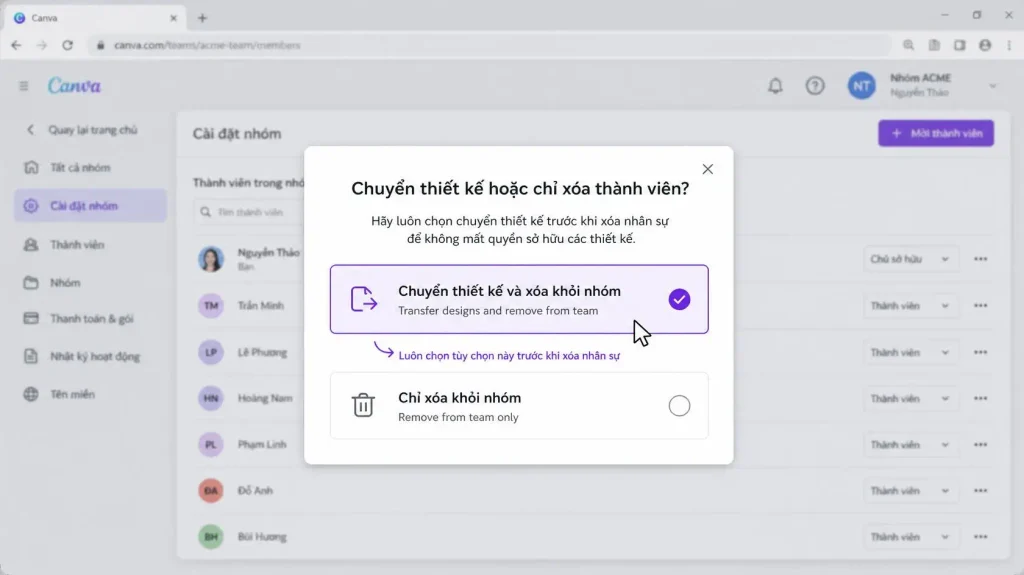 Ảnh chụp màn hình popup hỏi Transfer designs or Remove only