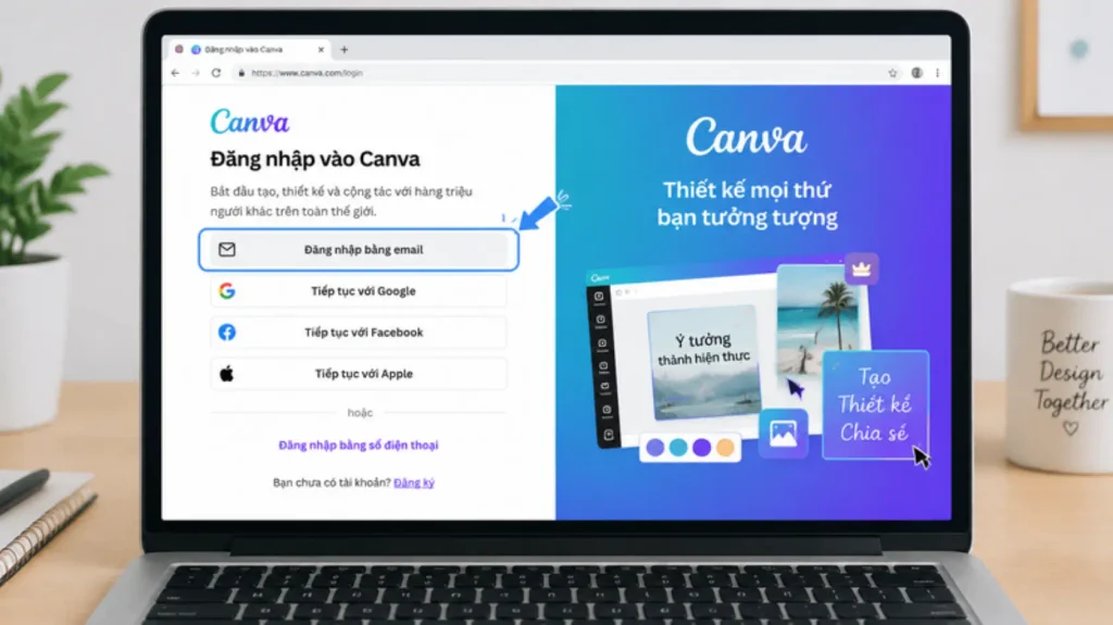 Các lựa chọn đăng nhập trên trang Canva ở máy tính